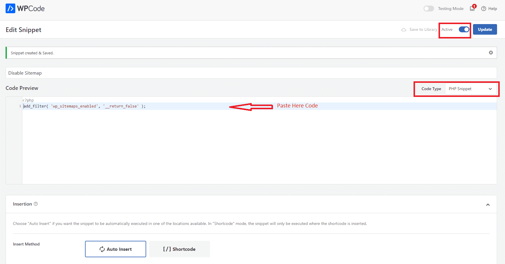 Disable Default wp-sitemap.xml via Using WPCode Snippet.